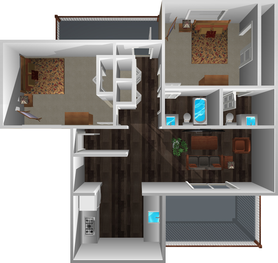 This image is the visual 3D representation of 'Floorplan C' in Greentree Park Apartments.